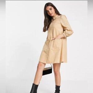 NWOT ASOS DESIGN cord swing mini dress with poplin sleeves in beige Size…